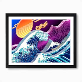 Isometric Synthwave: The Great Wave off Kanagawa [synthwave/vaporwave/cyberpunk] — aesthetic poster, retrowave poster, neon poster, Katsushika Hokusai, ukiyo-e, ukiyoe Art Print