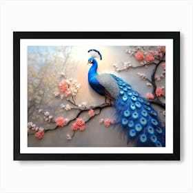 3d Artwork Background Blue Peacock On Branch 1 Poster