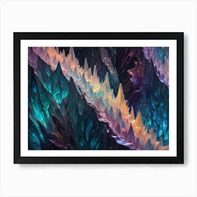 An Abstract Digital Art Piece Featuring An Array Of Jagged Peaks In Shades Of Blue, Teal, Purple, And Pink, Resembling A Crystal Formation Or A Mountainous Landscape Art Print