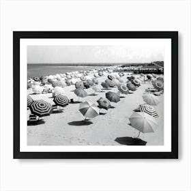 Umbrellas On The Beach, Vintage Black and White Old Photo Art Print