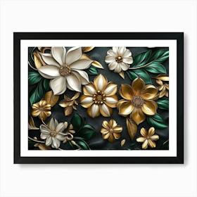 Luxury Floral Seamless with Flowers Elegant Leather Texture Illustration Background in Golden and Green White Art Print