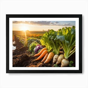 A Variety Of Fresh Vibrant Vegetables Sprouting From Rustic Soil Bathed In The Golden Hour Sunligh (2) Art Print