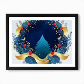 Dark Blue Art From The Contemporary Era Christmas Tree, Mountain, Deer, Birds and Waves 1 Art Print