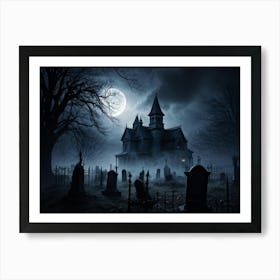 Frightened Souls Hovering Over A Mist Enshrouded Graveyard Full Moon Piercing Through Ominous Cloud (2) Art Print