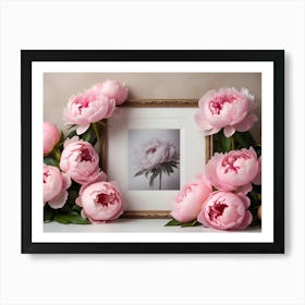 A Still Life Of Pink Peonies Arranged Around A Framed Image Of A Single Peony, Creating A Beautiful And Delicate Composition Art Print