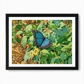 Blue Morpho Butterfly Among Flowers. A striking blue morpho butterfly elegantly rests on a cluster of yellow and orange flowers, surrounded by lush green leaves. The vivid blue of its wings contrasts beautifully with the warm, earthy tones of its environment. Art Print