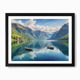 A Tranquil Lake Amidst Majestic Peaks Fjords Of Norway Art Print