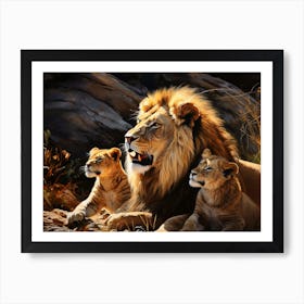 African Lion With Cubs Realism Painting 4 Art Print