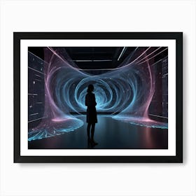 A Lone Woman Stands Silhouetted Against A Futuristic, Digital Artwork Displayed On Multiple Screens, Showcasing Swirling Blue And Pink Energy Fields Art Print