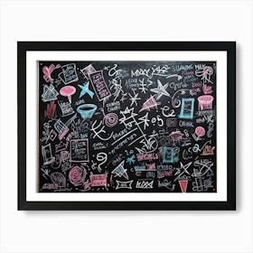 Blackboard Art Showcasing The Creative Chaos Of Chalk White Strokes Swirling With Abstract Circles A (1) Art Print