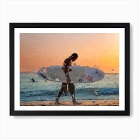 Surfer Goes Home At Sunset Oil Painting Landscape Art Print