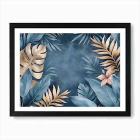 Blue Vintage Tropical Leaves in Seamless Border Design Premium Art Luxury Silver Grey Background Texture Art Print