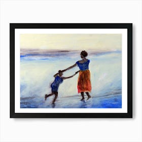 Beach Dancers - people mother child black sea sky Art Print