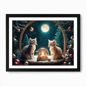 Christmas Kittens under Moonlight Sky Art Print