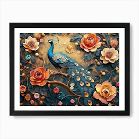 Peacock With Flowers Art Print