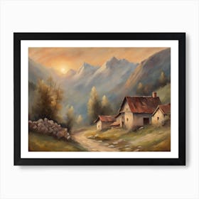 Vintage oil painting style soft colours peaceful sunrise mountain house landscape format Art Print