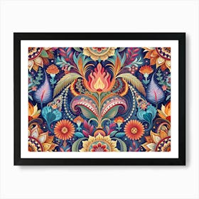 Floral Paisley Pattern With Colorful Flowers And Leaves On A Blue Background Art Print