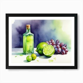 Lime and Grape near a bottle watercolor painting 17 Art Print