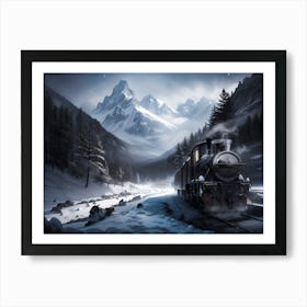 Winter Steam Train with alps view #4 - Oil Painting Art Print