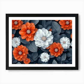 3d Colorful Flowers With Leaves Seamless Pattern, Orange And White Dahlia Flowers Art Print