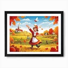 Cartoon Illustration Of A Joyful Feathered Pilgrim Character Adorned With A Traditional Happy Hat (1) Art Print