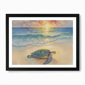 This is vibrant colored, beautiful watercolor style painting of a turtle relaxing near the water, with a majestic sea at sunset in the background Art Print