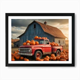 Vintage Red Pickup Truck Loaded With Pumpkins By A Rustic Barn Art Print