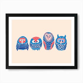 WOO HOO Cute Owls Forest Birds Woodland Nature Wildlife in Blue Red Pink Cream Kids Art Print