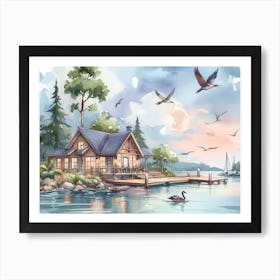 Cabin On The Lake AI watetcolor Art Print