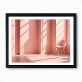 A Minimalist Image Of A Pink Room With A Single Pink Chair And A Plant In The Window, Creating A Sense Of Calm And Serenity Art Print