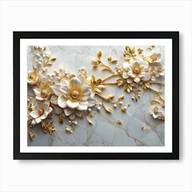 Luxurious 3d Intricate Gold and White Flowers Blooming on a Stunning White Marble Art Print