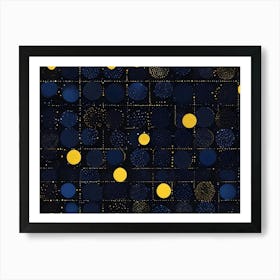 A Repeating Pattern Of Blue And Yellow Circles With Gold Sparkles On A Dark Blue Background Art Print