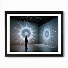 A Man Silhouetted Against A Wall Of Screens Displaying A Swirling, White, Digital Image, Creating A Sense Of Wonder And Exploration Art Print