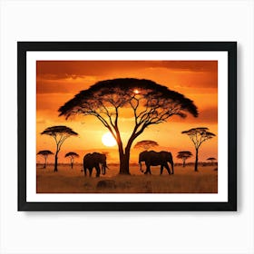 Sunset With Elephants Paintings Art Print Art Print