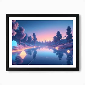 A Digital Illustration Of A Frozen Lake In A Forest With Glowing Neon Lights And A Pastel Sky Art Print