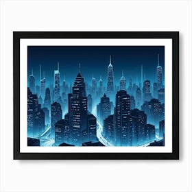 Digital Art Of A Futuristic Cityscape At Night, Illuminated With Neon Blue Lights Art Print