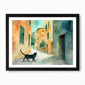 Black Cat In Ancona, Street Art Watercolour Painting 2 Art Print
