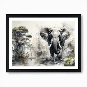 Elephants In The Jungle. Black, brown, grey, green pastel. Animal print. Livingroom print art Art Print