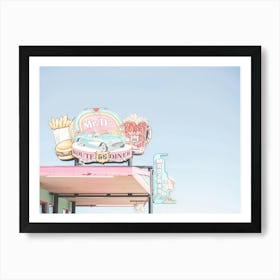 Route 66, USA I Retro vintage neon sign for 50s American diner Mr D'z in pastel pink, blue aesthetic photography with a vintage car fries, burger and beer as an illustration drawing art in Arizona or California Art Print