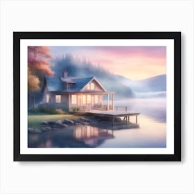 Cabin by Lake Painting Art Print