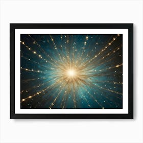 Abstract Background Of A Bright, Golden Explosion Of Light Emanating From A Central Point Against A Dark Blue Starry Sky Art Print