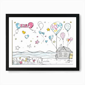 An Illustrated Idea Of A Birthday Party On The Beach Cartoon Valentine Balloons Hand Drawn Vector (3) Art Print