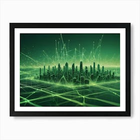 Abstract Digital Artwork Of A Futuristic Cityscape With Glowing Green Lines Representing A Network Or Grid 5 Art Print