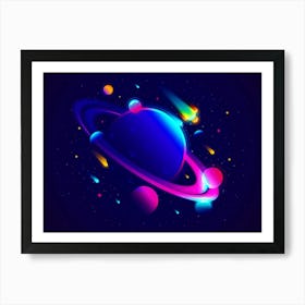 Neon Saturn - space poster art, synthwave art Art Print