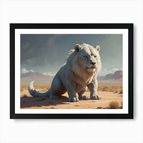 A White Lion Sitting In A Desert Landscape, Creating A Sense Of Majesty And Solitude Art Print