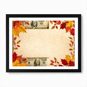 Autumn Themed Thanksgiving Frame Edges Adorned With Crimson Orange And Yellow Leaves Center Hold Art Print