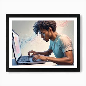 A Young Man Is Sitting In Front Of A Laptop, Typing On The Keyboard Art Print