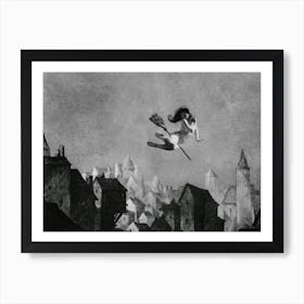Flight of Fancy 1927 - William Mortensen, Rare Vintage Victorian Pencil Drawing of a Naked Witch on a Broomstick Above Houses, Witchcore Cottagecore Cool Witchcraft Magick Art Print