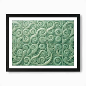 A Close Up Photograph Of A Decorative Green Glass Panel With An Ornate Pattern Of Swirls And Curves Art Print