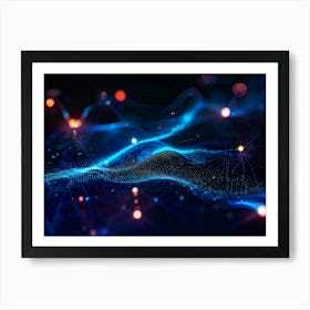 Abstract Digital Painting Portraying A Geometric Pattern Of Glowing Net Like Waves Traversing A Dot (4) Art Print